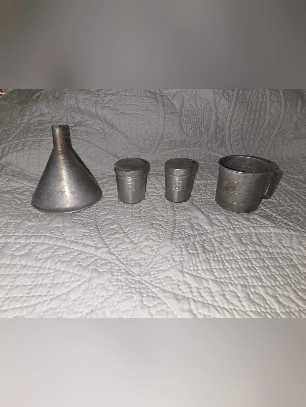 Vintage 1950s Aluminum Tin Funnel, Measuring Cup & Salt & Pepper Shakers